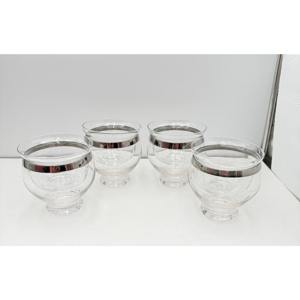 4- Dorothy Thorpe Glass Seafood Cocktail Shrimp Chillers Silver Band VTG MCM EUC